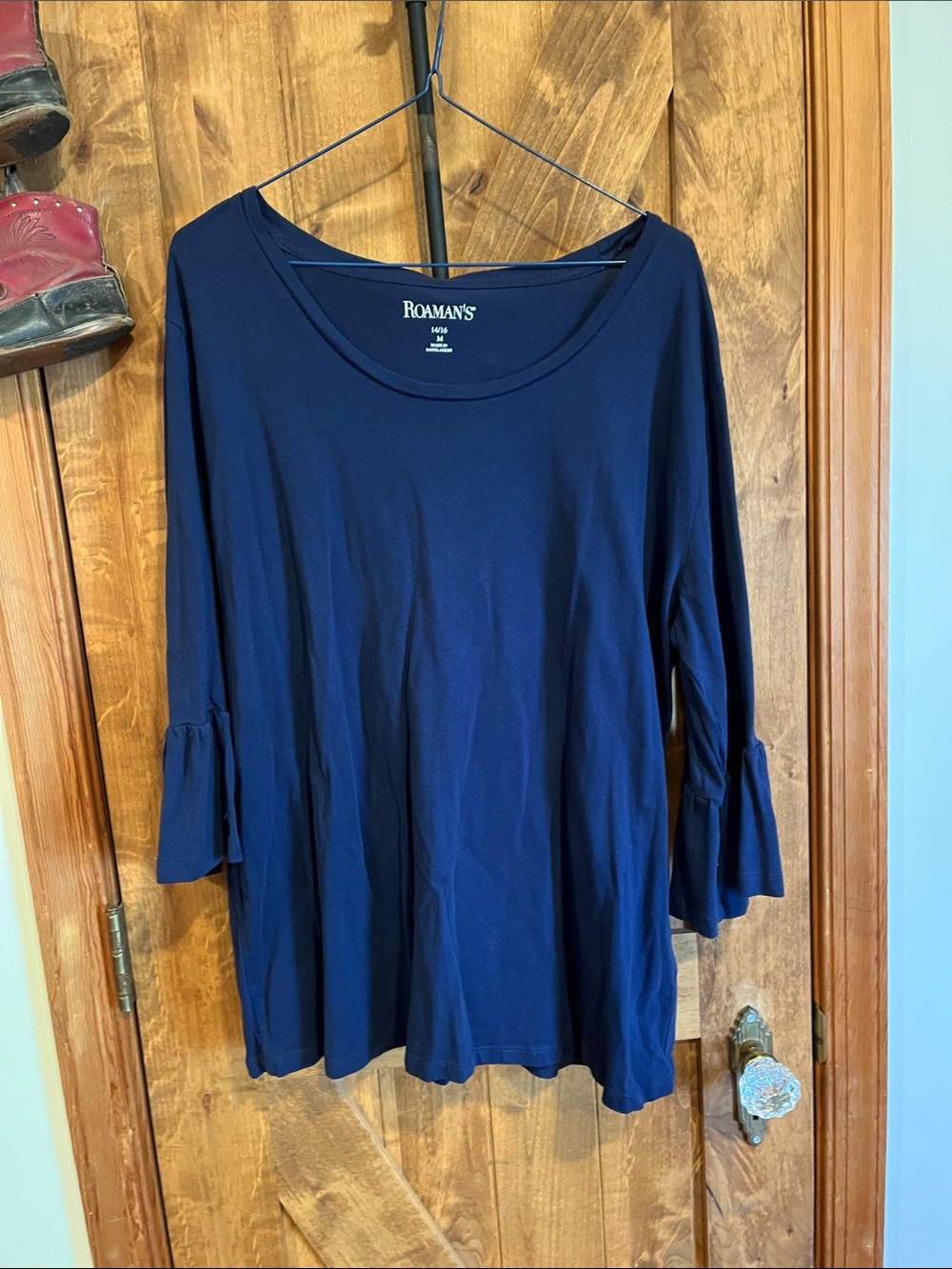 Roaman's Navy Scoop Neck Bell Sleeve Top